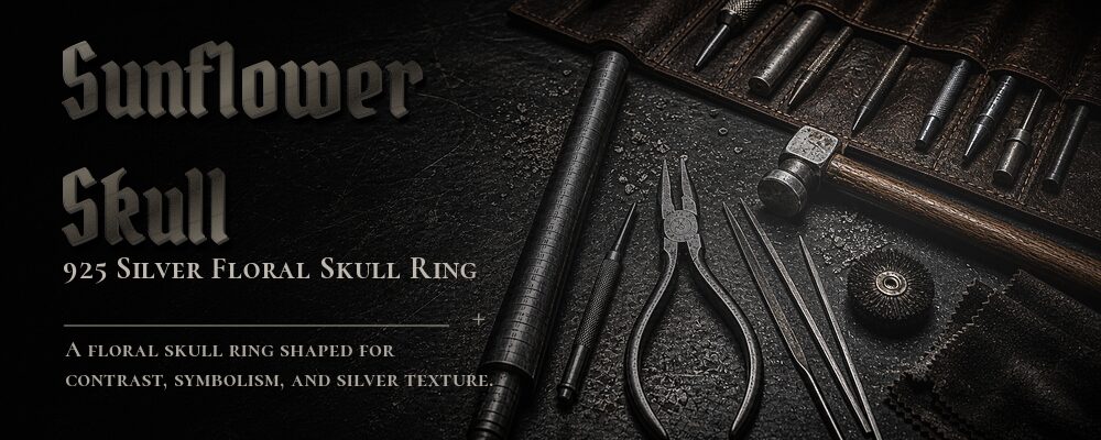 sunflower skull ring 925 silver as listed metalsmith tools workshop banner