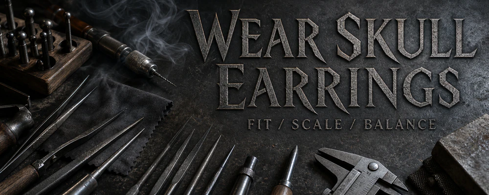 How to wear skull earrings guide with precision jewelry tools on a dark metalsmith workshop bench