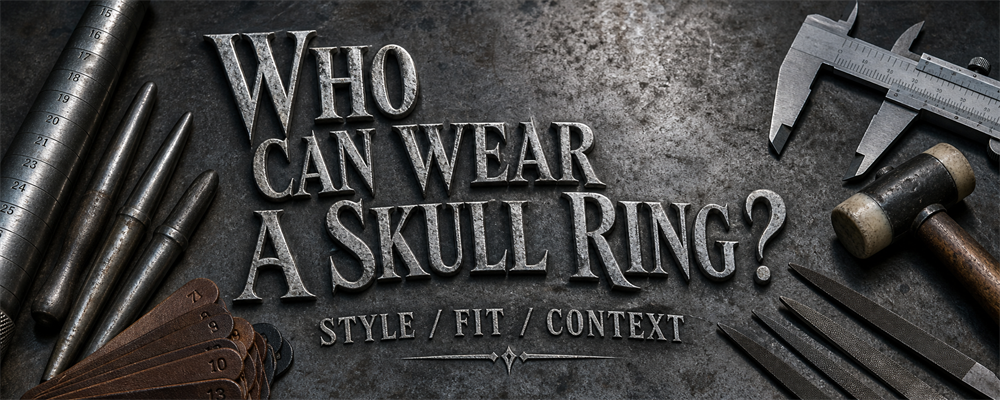 Skull ring style and fit guide with sizing mandrel, caliper, burnishers and files on a dark silver workshop bench