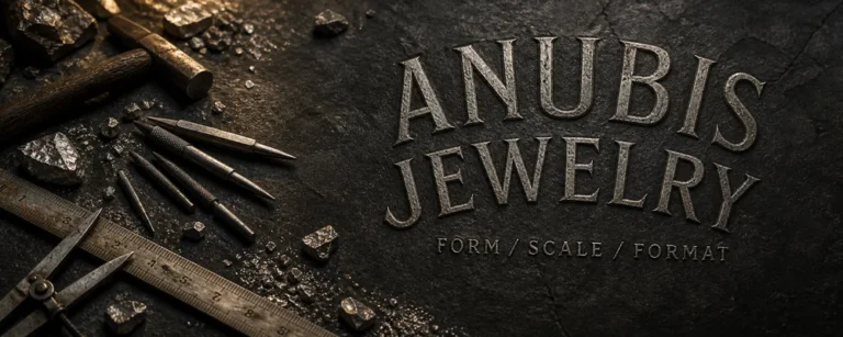 Anubis jewelry guide title carved in weathered silver on a dark metalsmith engraving bench with gravers, calipers and raw silver