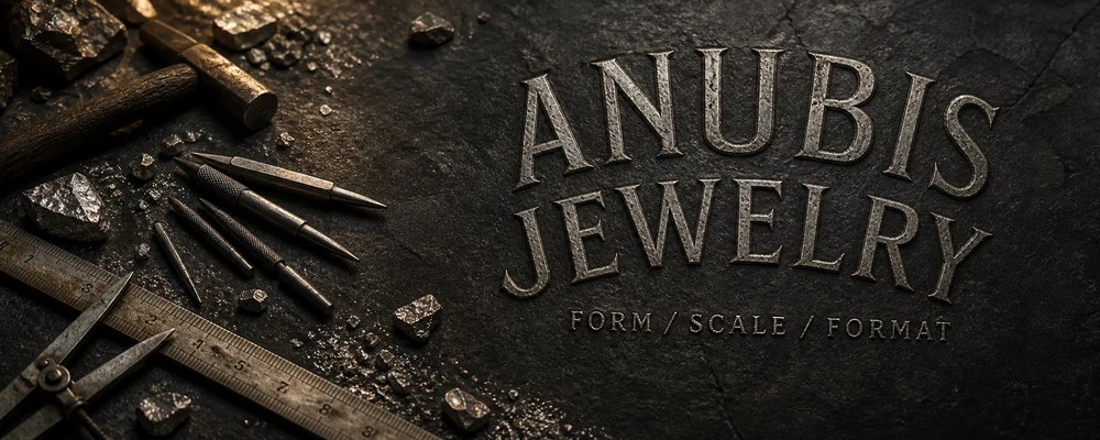 Anubis jewelry guide title carved in weathered silver on a dark metalsmith engraving bench with gravers, calipers and raw silver