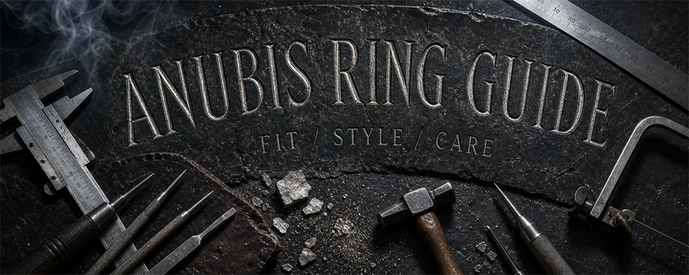 MENSSKULL Anubis Ring Guide workshop banner with engraved silver title and metalsmith tools