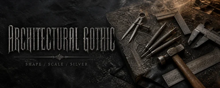 Architectural Gothic silver jewelry buyer guide banner with calipers, gravers and a chasing hammer on a dark metalsmith bench