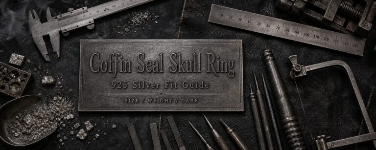 Coffin Seal Skull Ring 925 silver fit guide on dark MENSSKULL metalsmith measurement bench