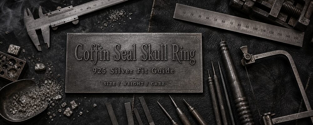 Coffin Seal Skull Ring 925 silver fit guide on dark MENSSKULL metalsmith measurement bench
