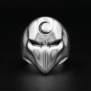 Crescent moon mask ring front view with slanted eye cutouts and a long pointed face
