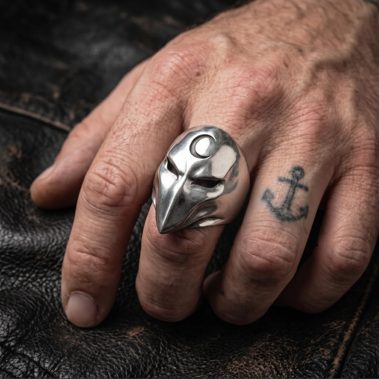 Crescent moon mask ring worn on a man's finger to show its statement scale