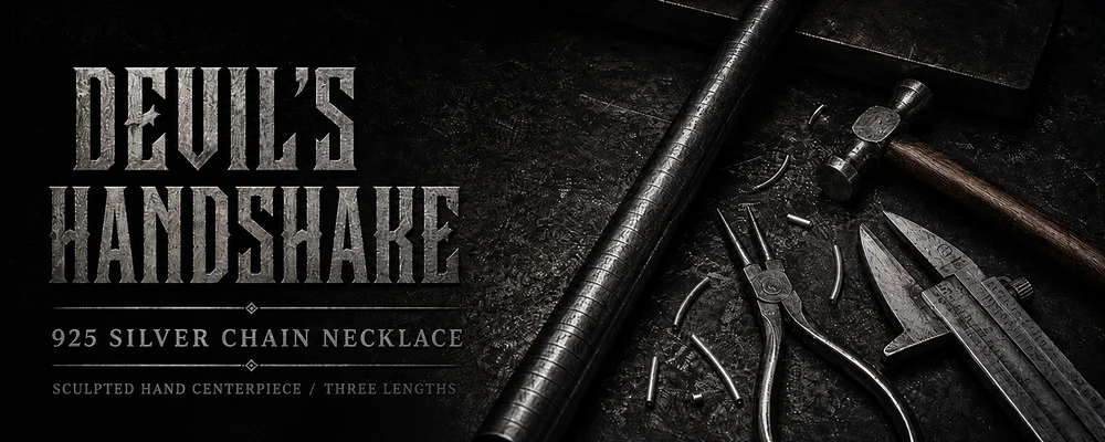 Devil's Handshake necklace workshop banner with chain-making tools