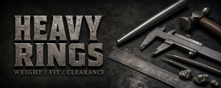 Heavy rings for men weight fit and clearance guide on a dark metalsmith measurement bench