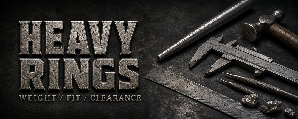 Heavy rings for men weight fit and clearance guide on a dark metalsmith measurement bench