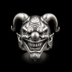 Horned jester ring front view with twin curled horns