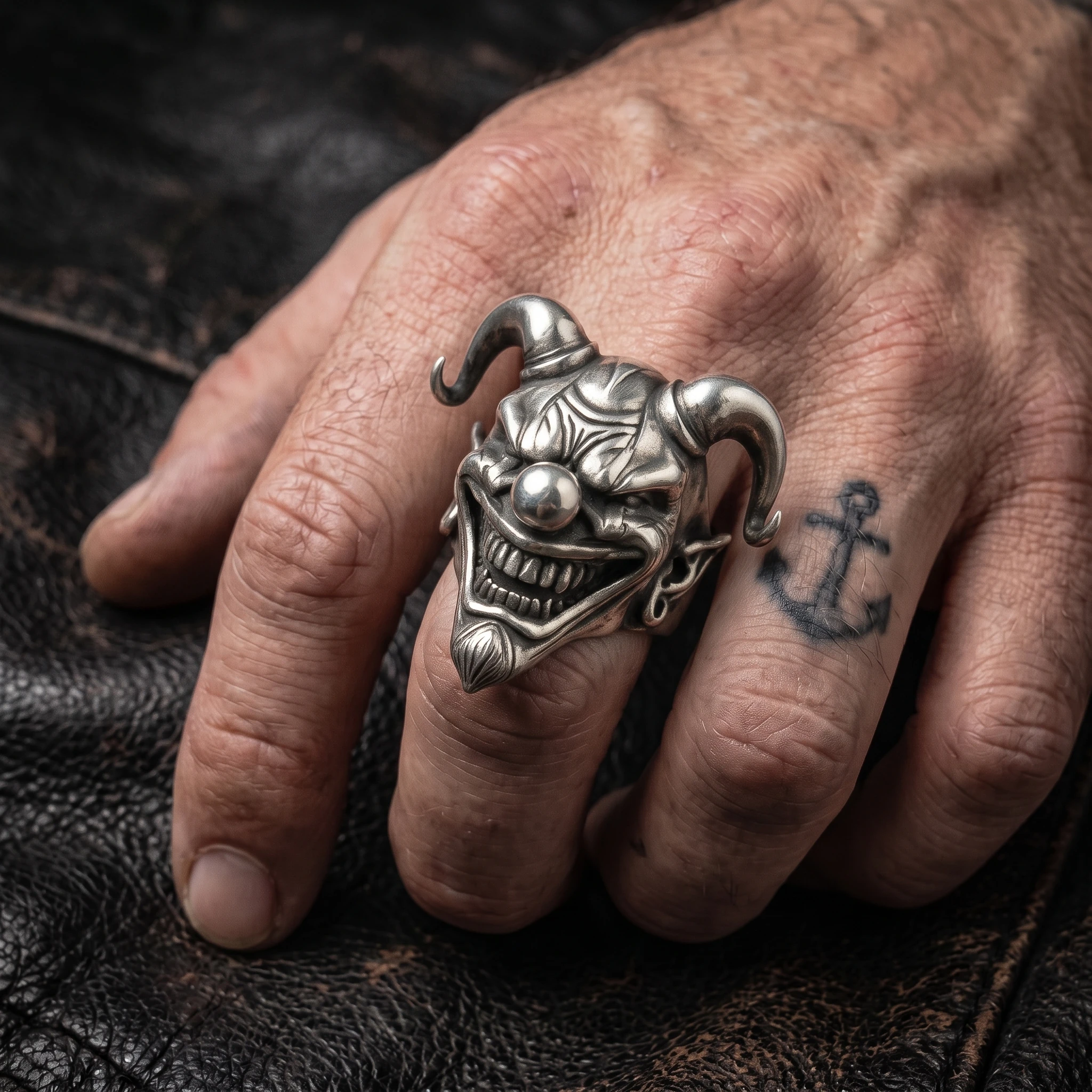 Horned jester statement ring worn on a man's finger
