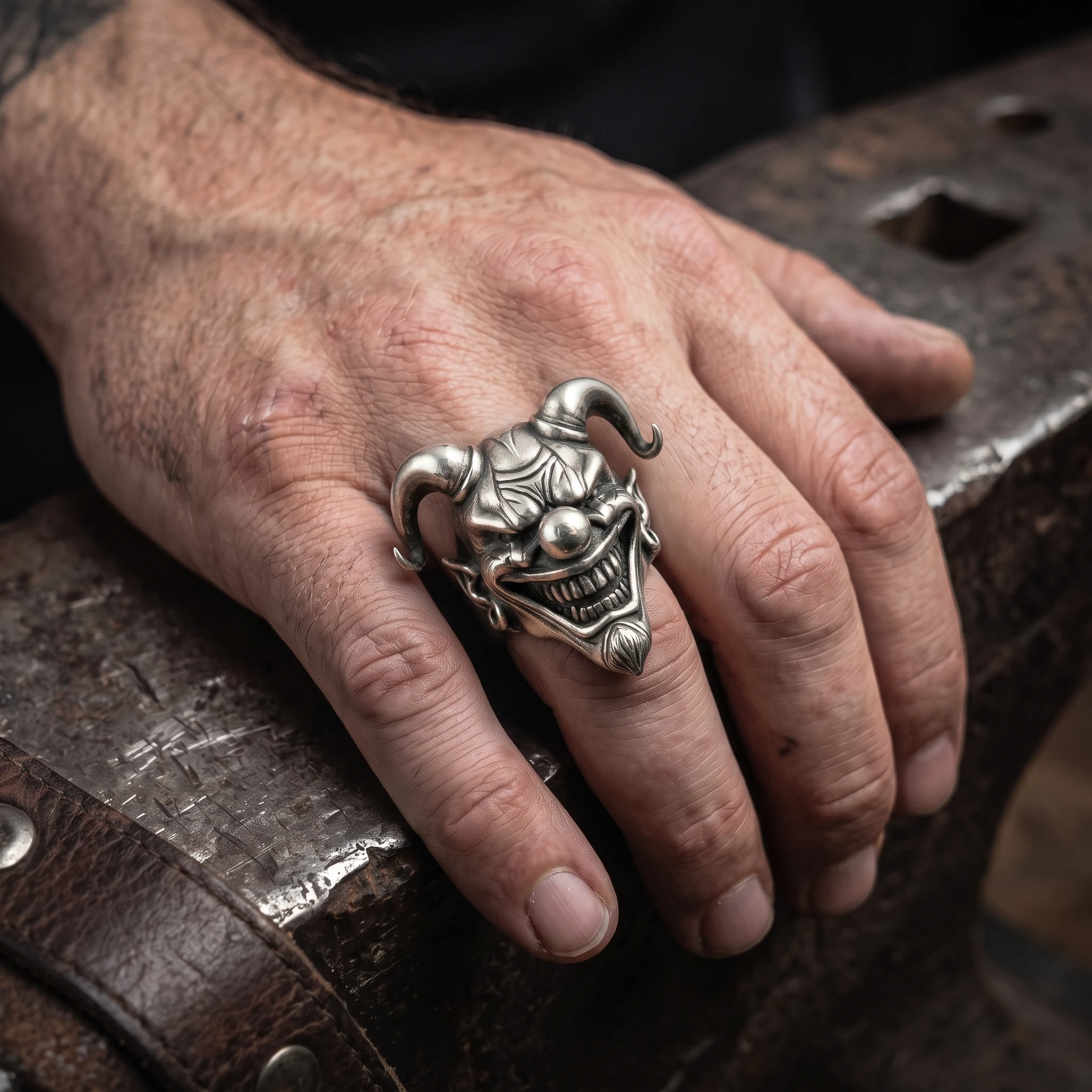Heavy gothic jester ring shown on hand for scale