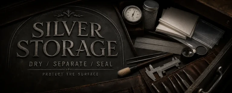how to store sterling silver jewelry guide with archival tissue, polyethylene sleeves, hygrometer, loupe, calipers, brushes, and workshop tools