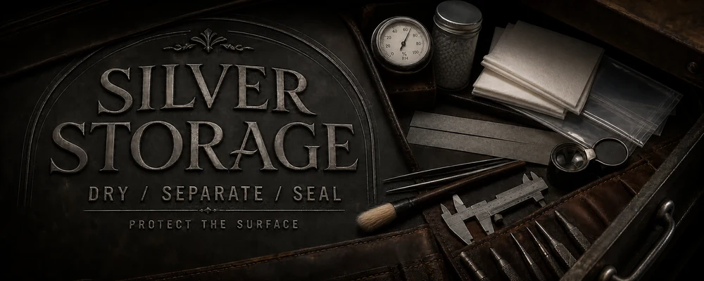 how to store sterling silver jewelry guide with archival tissue, polyethylene sleeves, hygrometer, loupe, calipers, brushes, and workshop tools