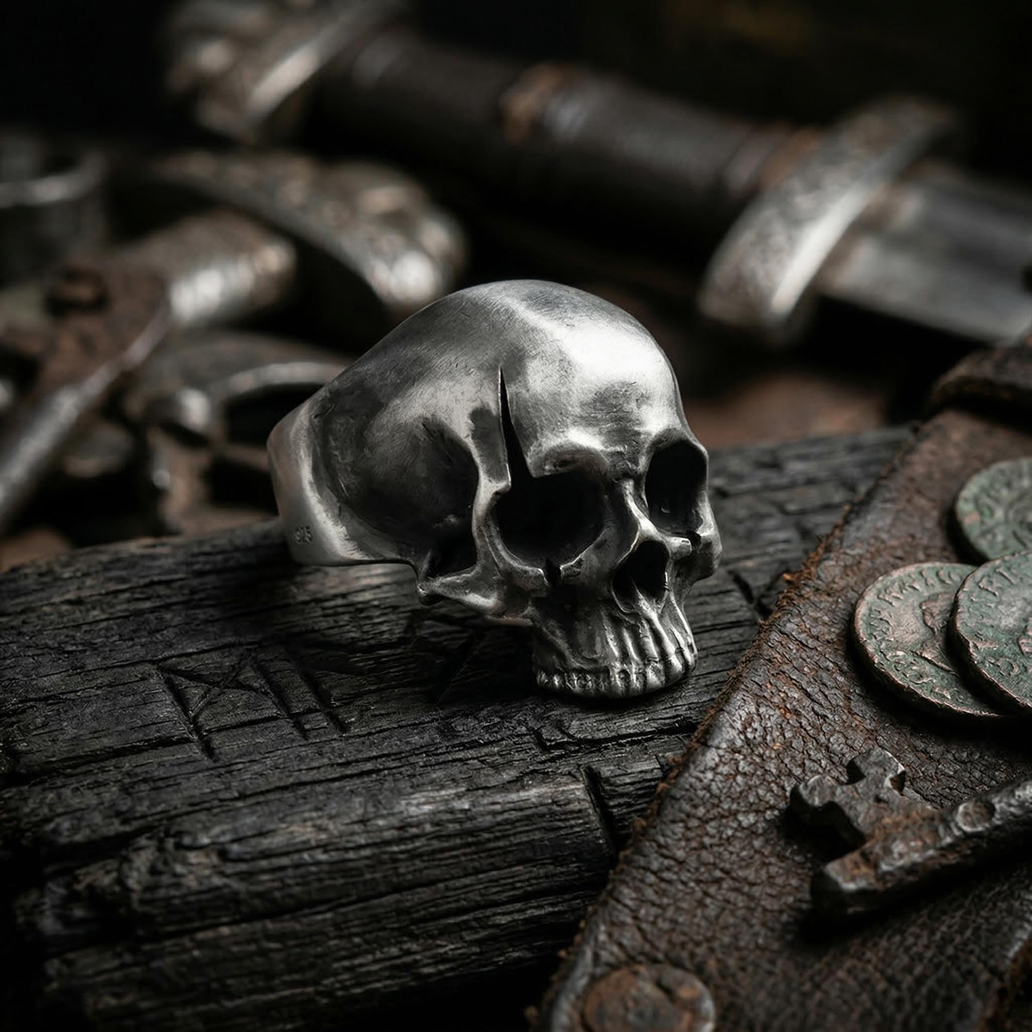 Forehead crack and oxidized detail on heavy skull ring