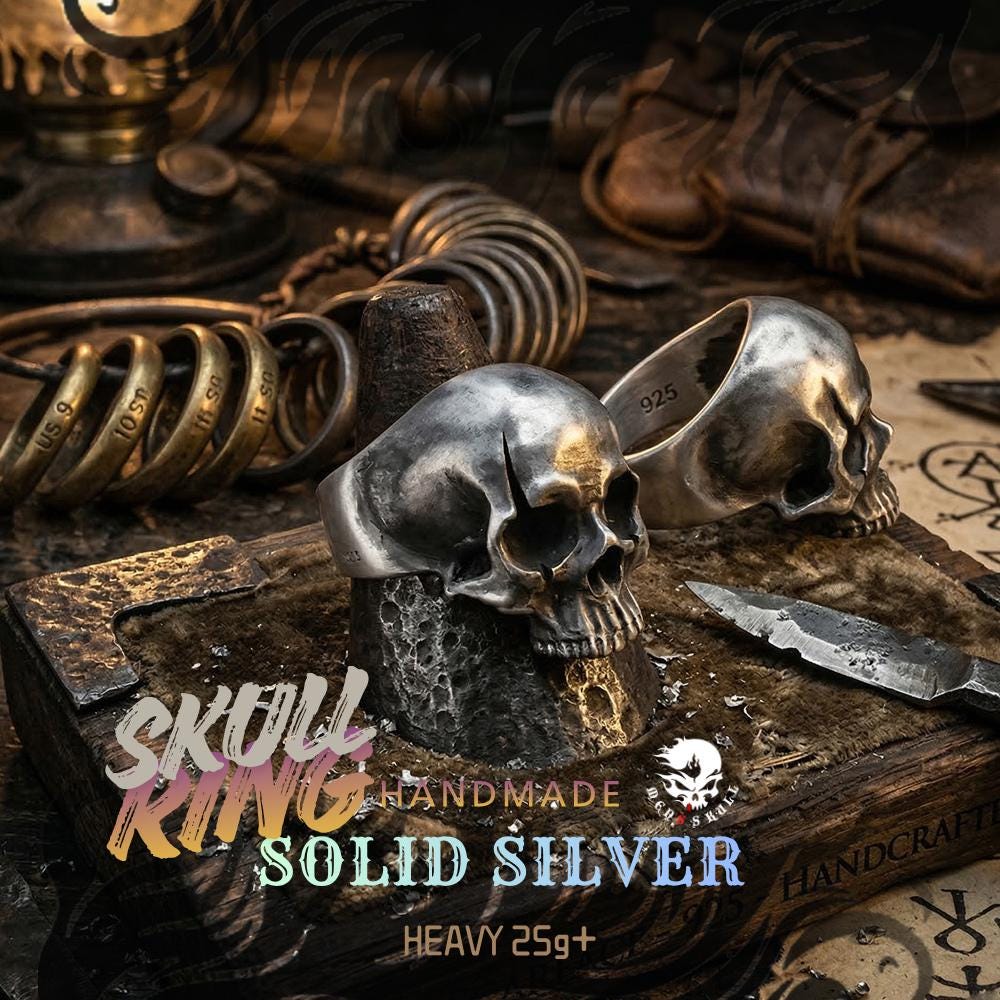 SSJ141 heavy silver skull ring paired view and weight reference