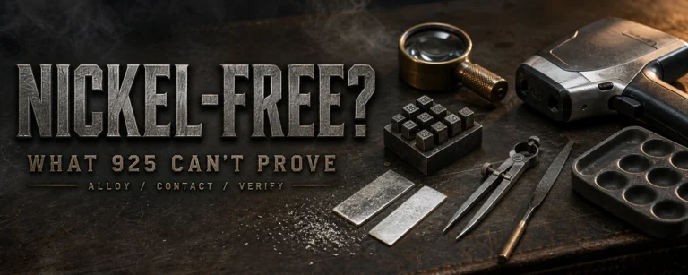 is sterling silver nickel free guide with hallmark punches, loupe, alloy analyzer, silver test coupons, and metalsmith tools