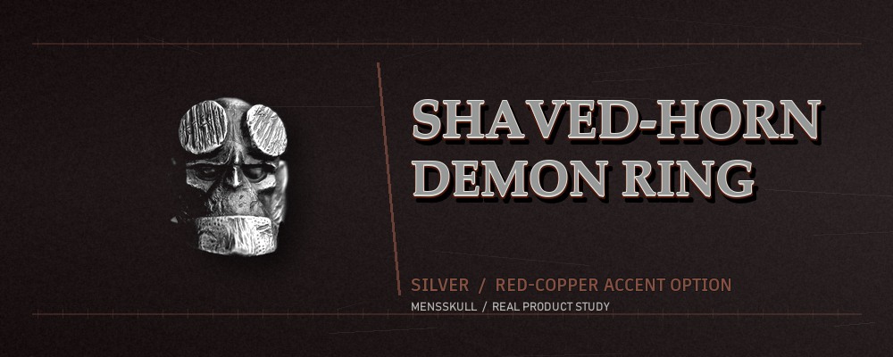 Hellboy-inspired demon skull ring with shaved horn stubs and heavy jaw