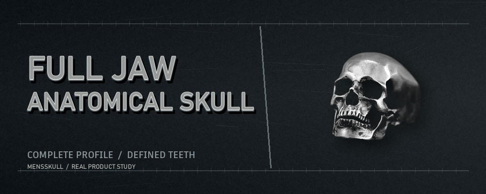 Full jaw anatomical 925 sterling silver skull ring shown from a real product photograph