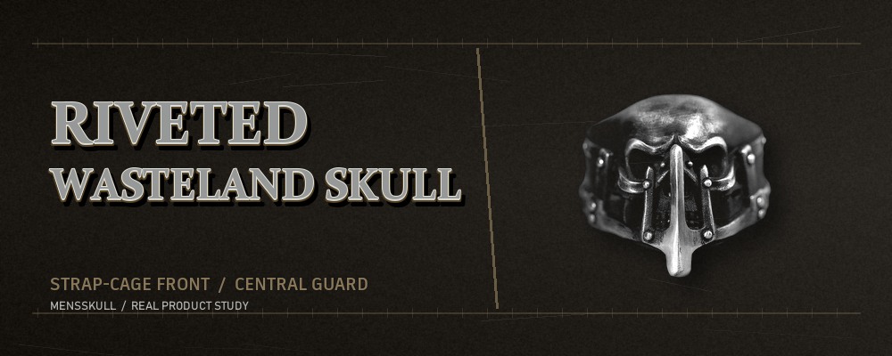Mad Max riveted skull ring with central nose guard and strap-cage front