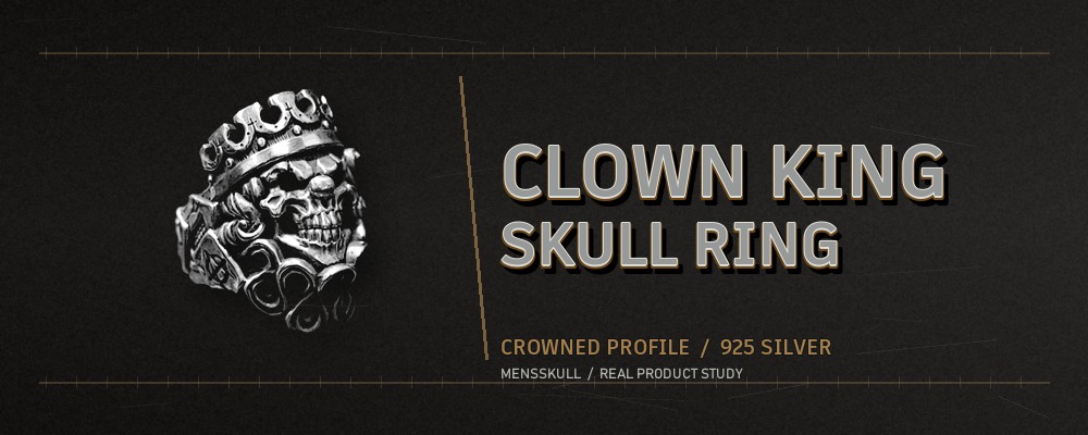Clown King skull ring showing the crowned front profile and oxidized silver details