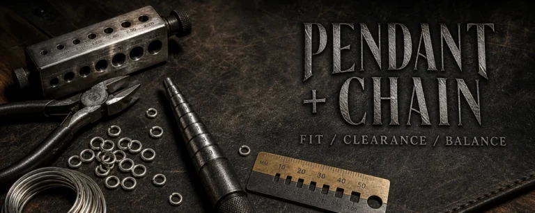Pendant and chain compatibility guide on a dark chain-making bench with pliers, raw silver rings and measuring tools
