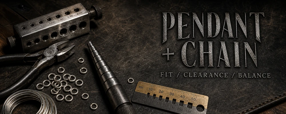 Pendant and chain compatibility guide on a dark chain-making bench with pliers, raw silver rings and measuring tools