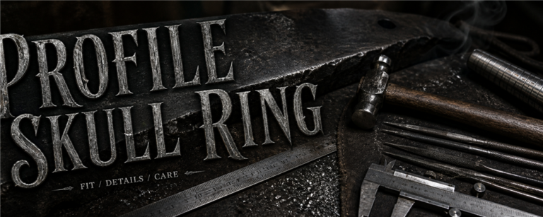 MENSSKULL dark workshop banner for profile skull ring guide with engraved silver title and jewelry tools