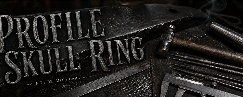 MENSSKULL dark workshop banner for profile skull ring guide with engraved silver title and jewelry tools