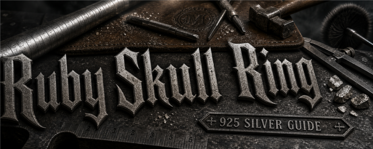 Ruby skull ring 925 silver guide on dark MENSSKULL metalsmith tools bench
