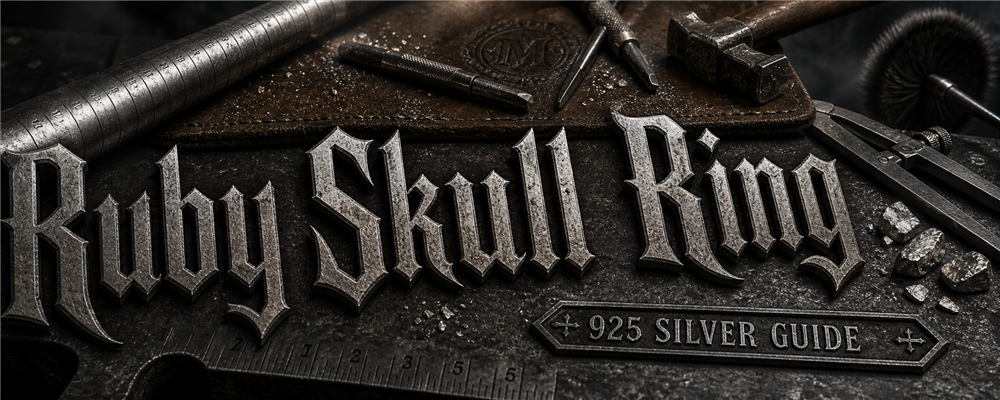 Ruby skull ring 925 silver guide on dark MENSSKULL metalsmith tools bench