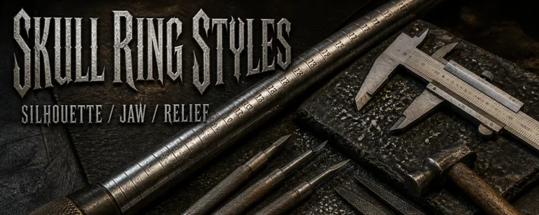 Skull ring styles guide with ring mandrel, calipers and engraving tools on a dark metalsmith bench
