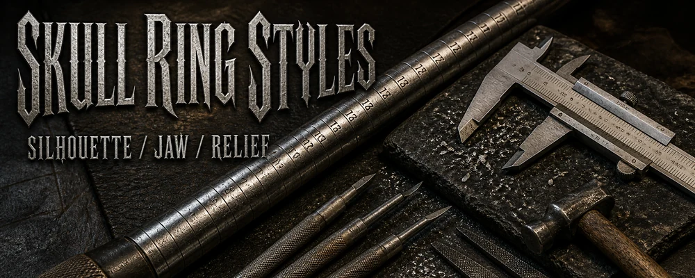 Skull ring styles guide with ring mandrel, calipers and engraving tools on a dark metalsmith bench