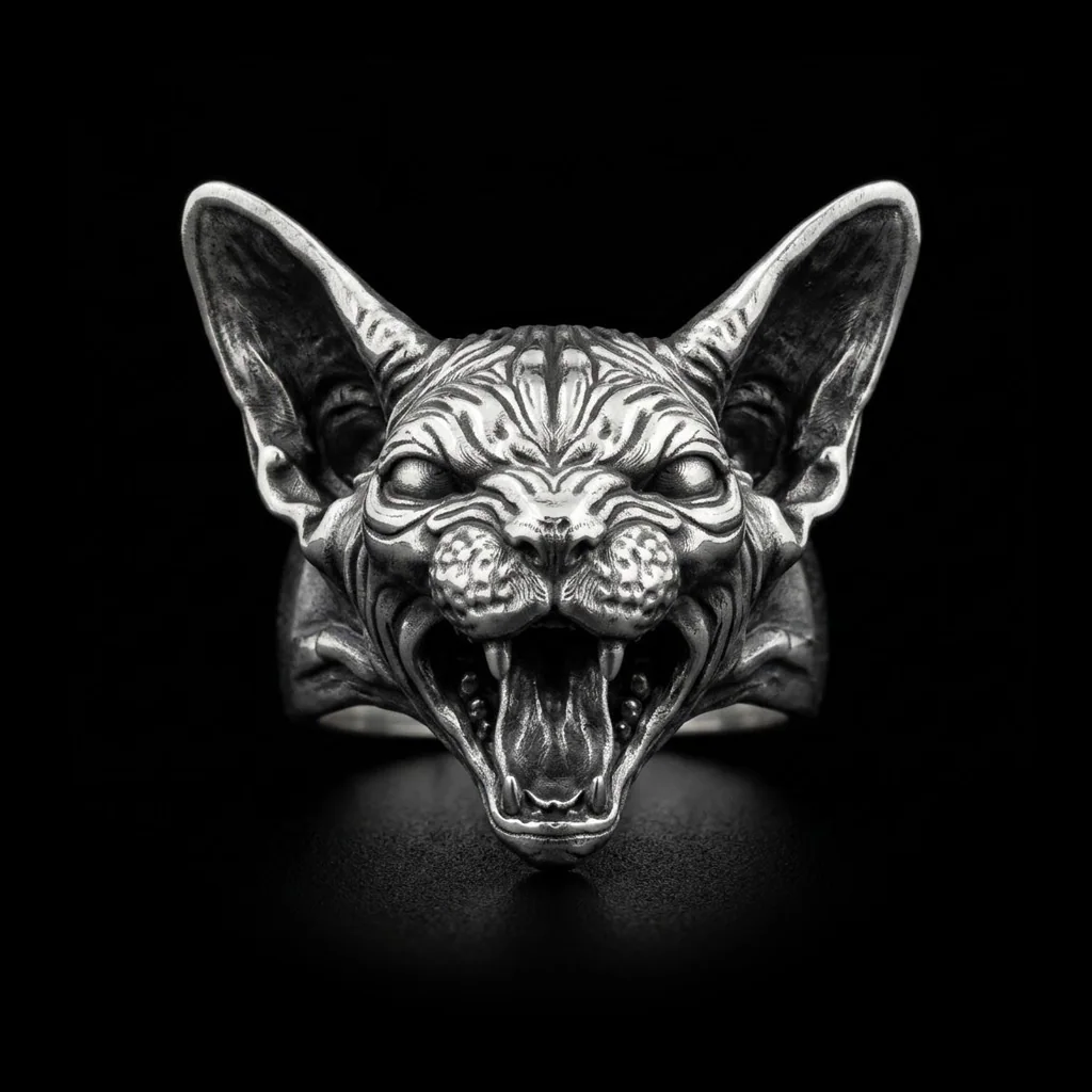 Sphynx cat ring front view with upright ears, wrinkled face and open fanged mouth