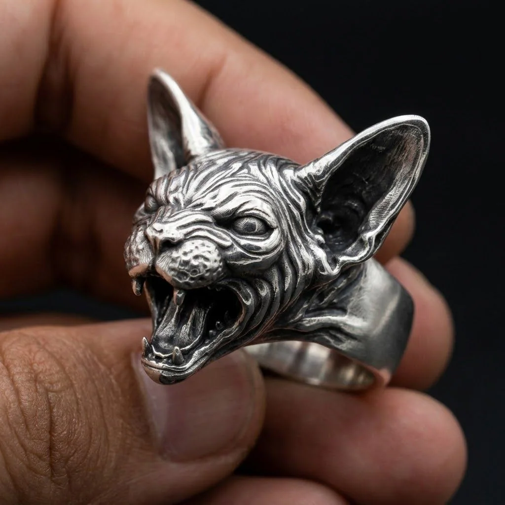 Sphynx cat statement ring held from the left side to show ear height and band transition