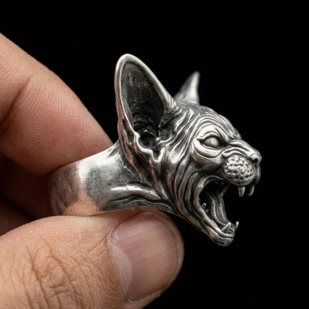 925 sterling silver cat ring held from the right side with the fangs and recessed mouth visible