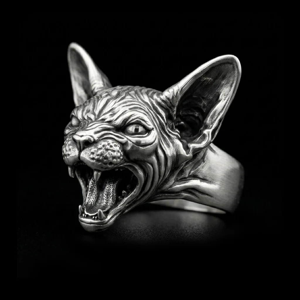 Hairless cat head ring left three-quarter view showing sculpted facial folds and broad ring shoulder