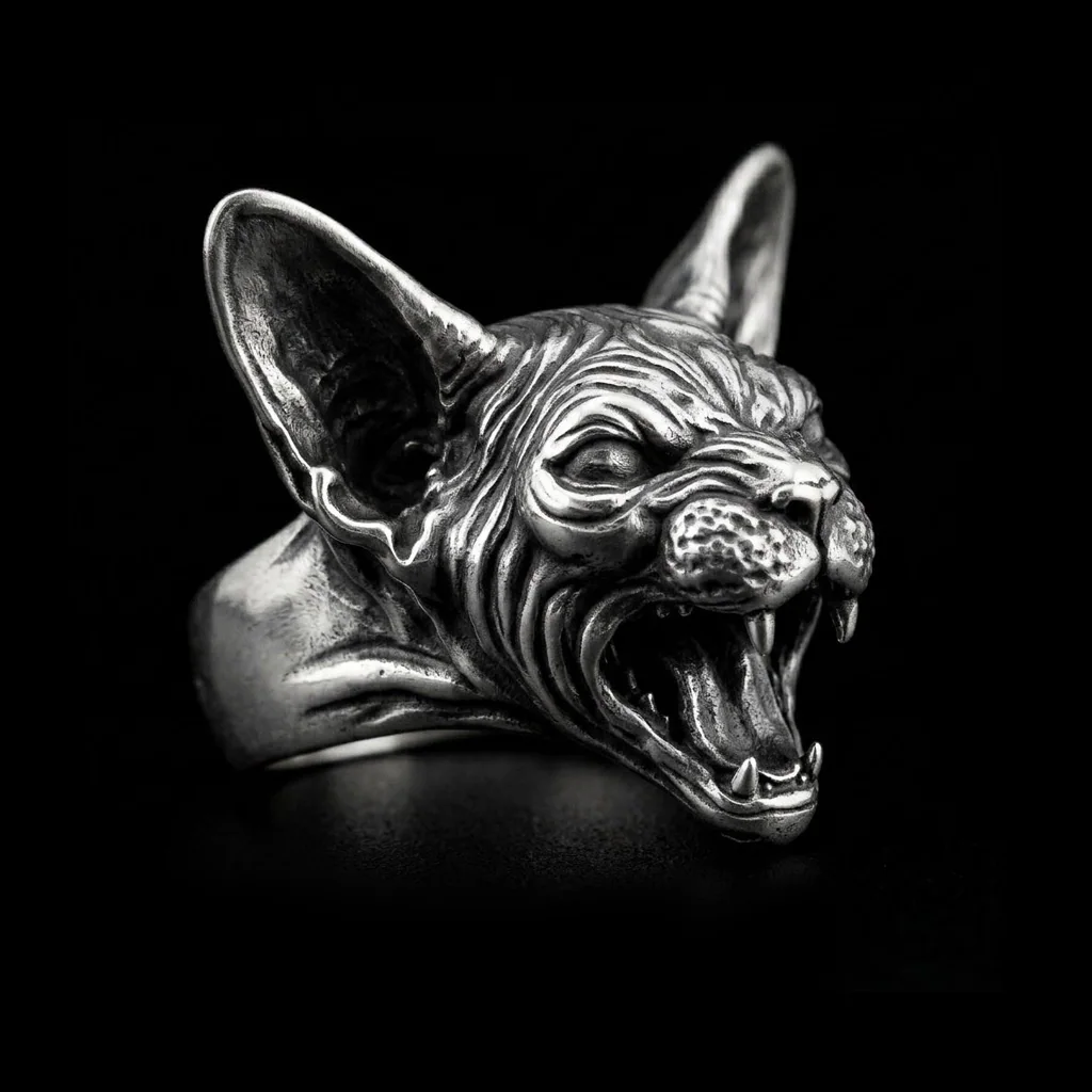 Sterling silver Sphynx cat ring right three-quarter view showing the tall ear and open mouth profile