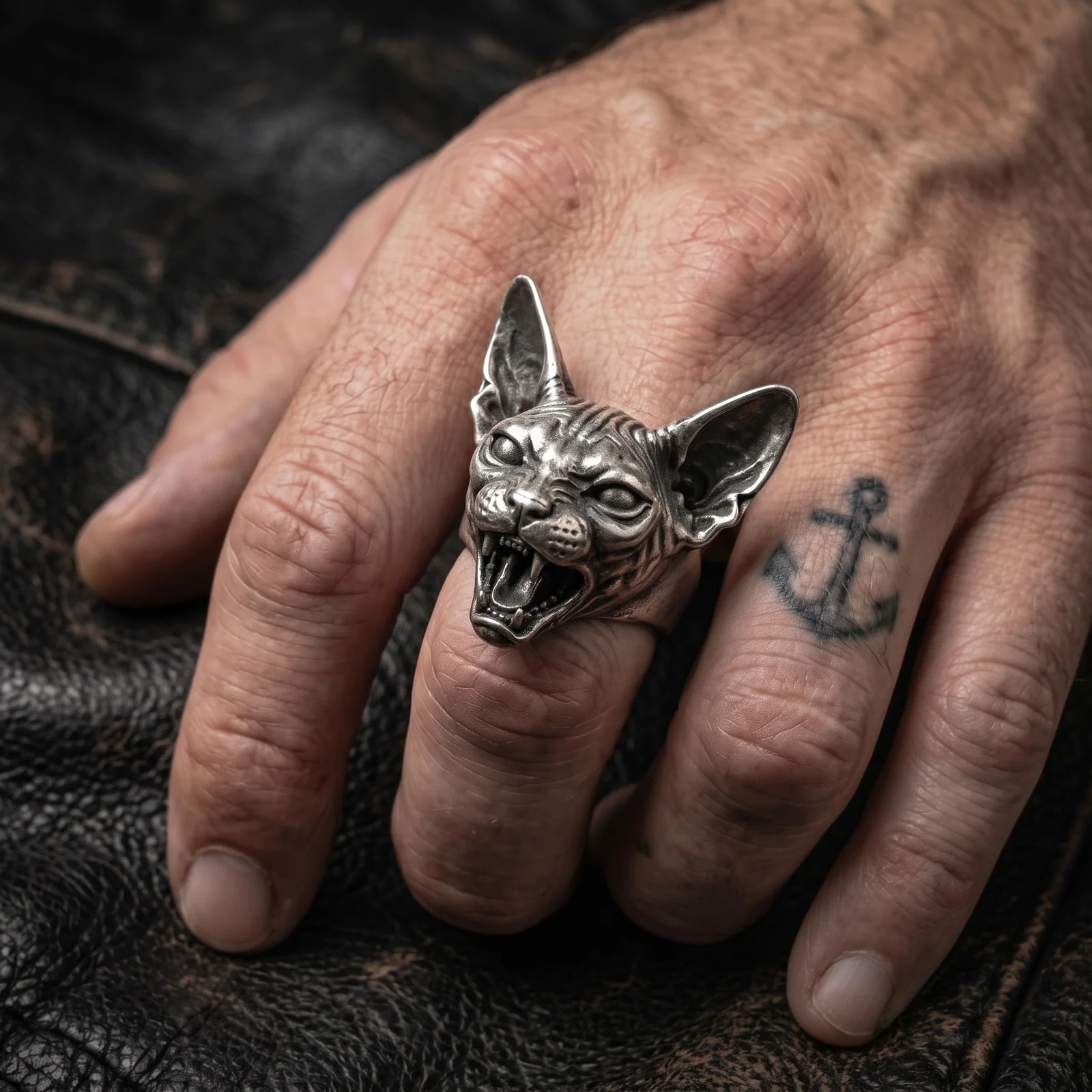 Hairless cat face ring worn on a man's finger for scale