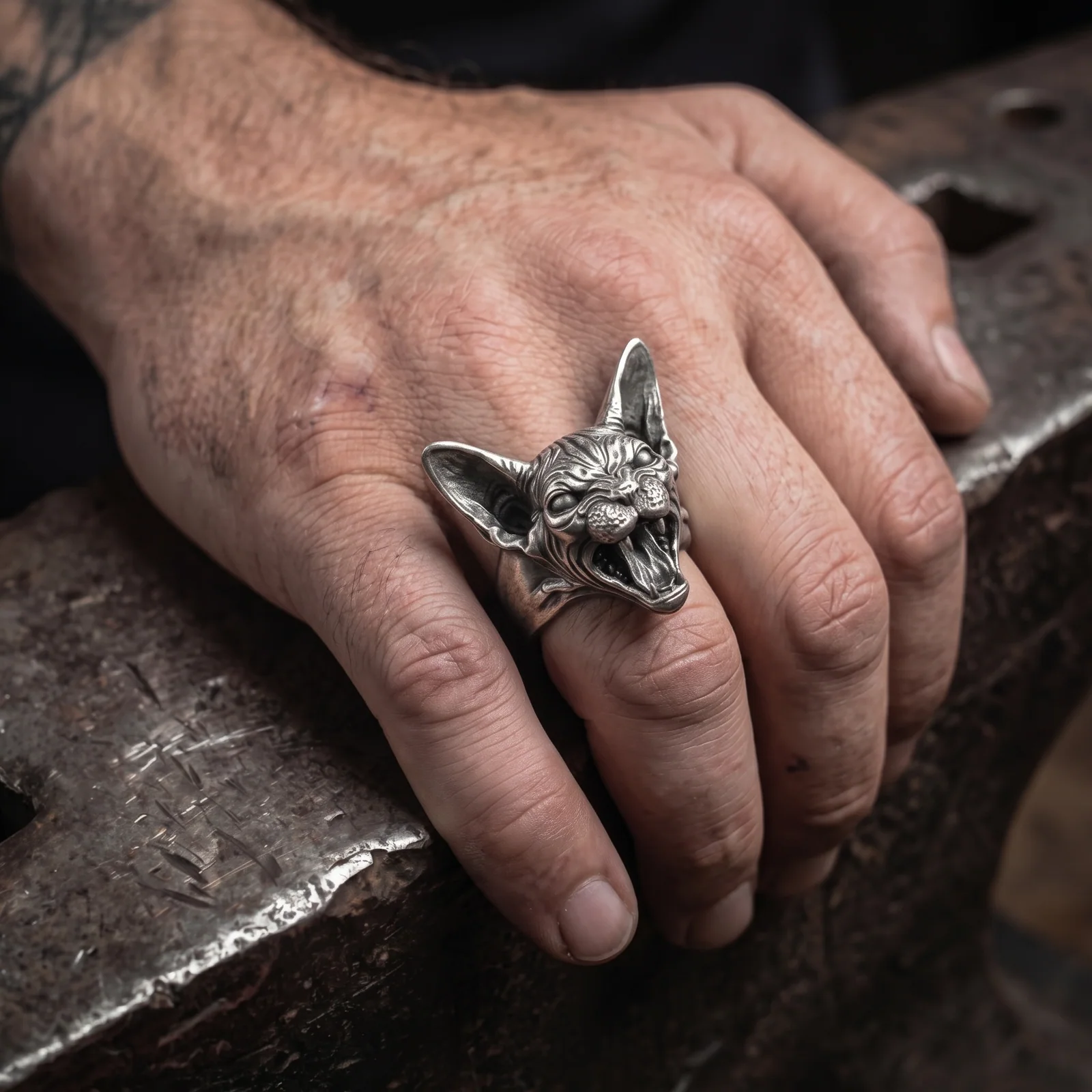 Large Sphynx cat ring worn on a man's finger beside a metalsmith workbench