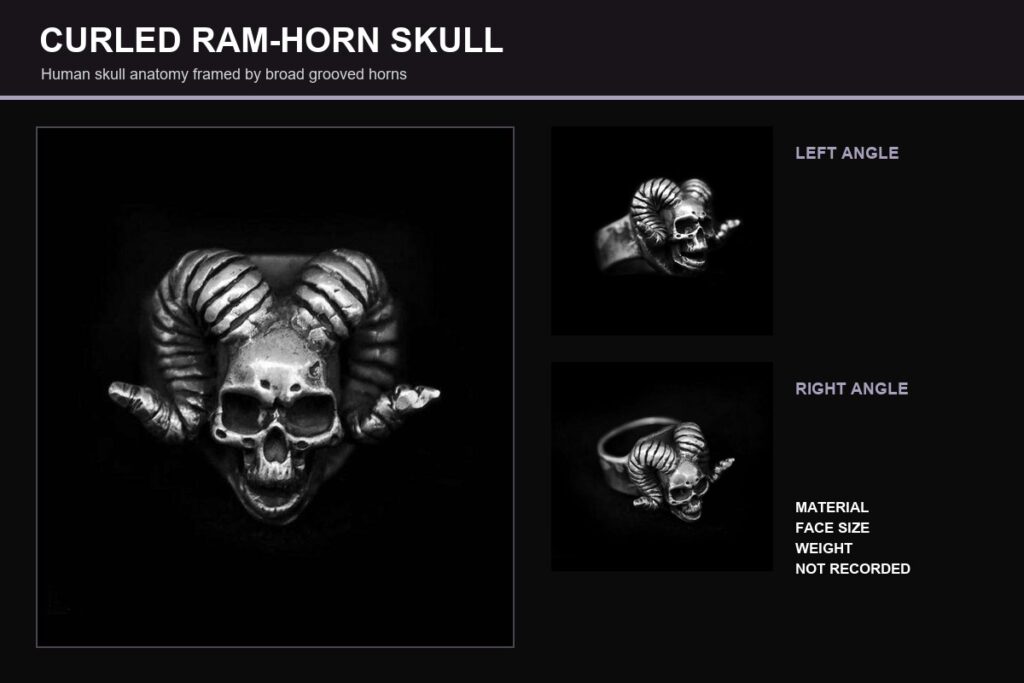 Horn skull ring shown from the front and opposing side angles