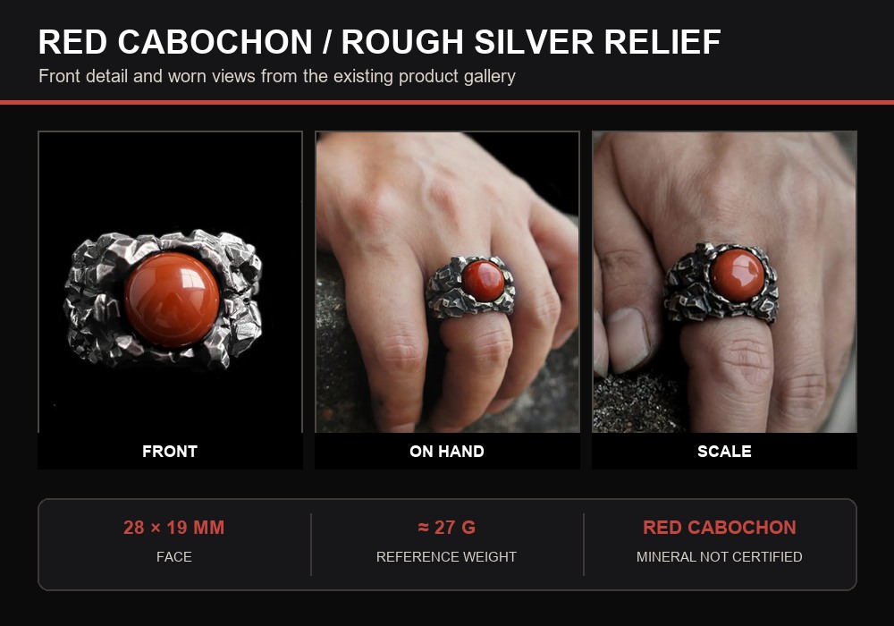Red cabochon ring shown front-on and worn, with its irregular 925 silver frame