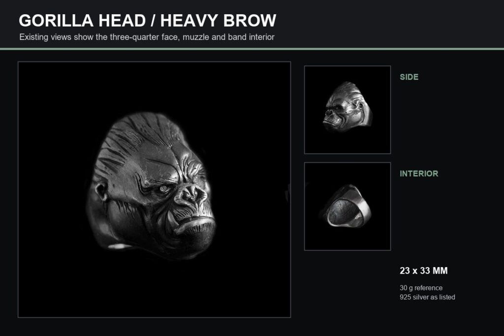 Gorilla head ring shown at three-quarter, side and interior angles