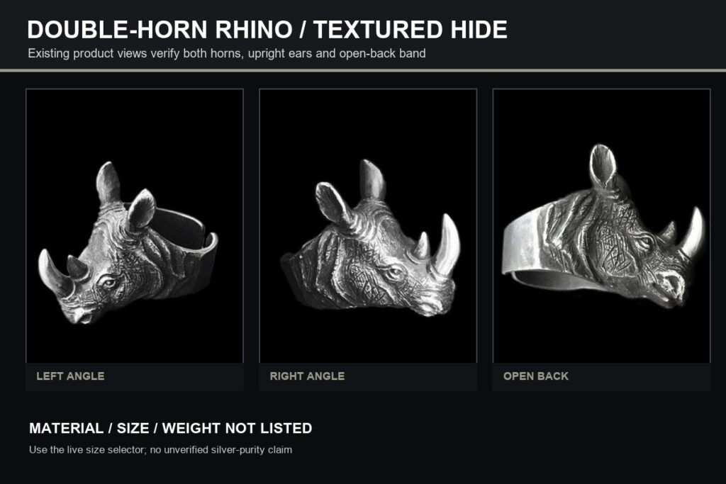 Double-horn rhino head ring shown from both sides and the open back