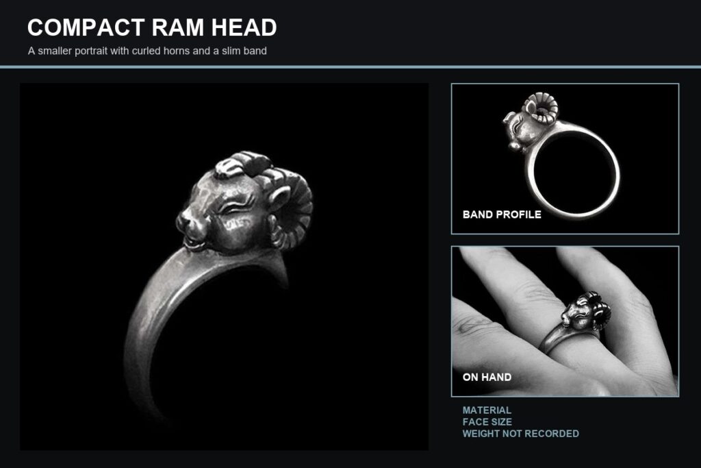 Compact ram head ring shown in close view, band profile and on a hand