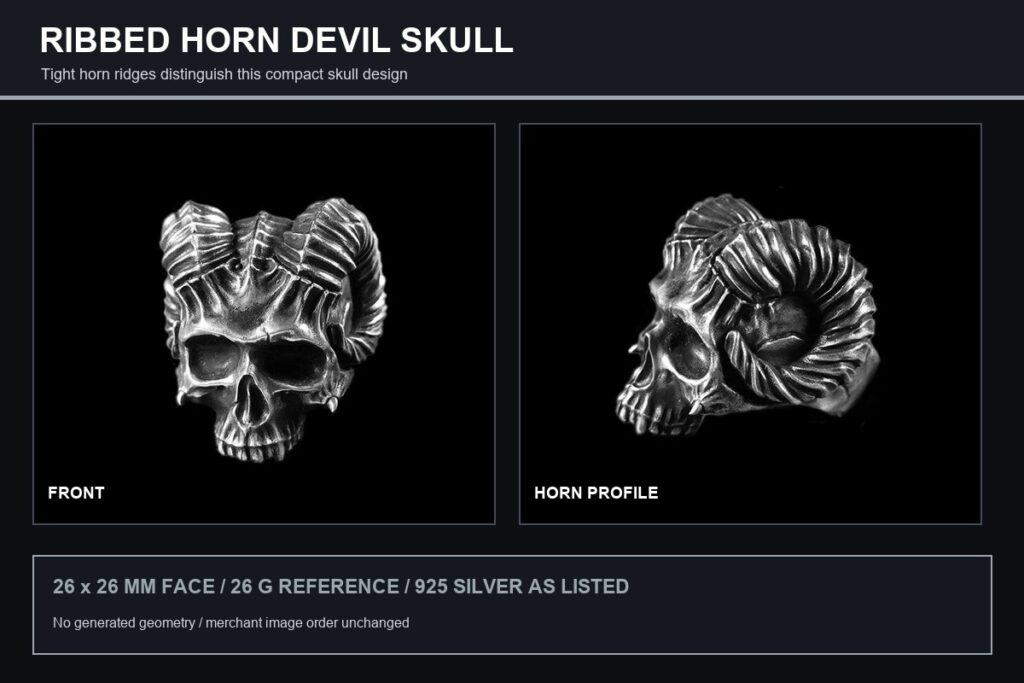 Ribbed horn devil skull ring shown from the front and side