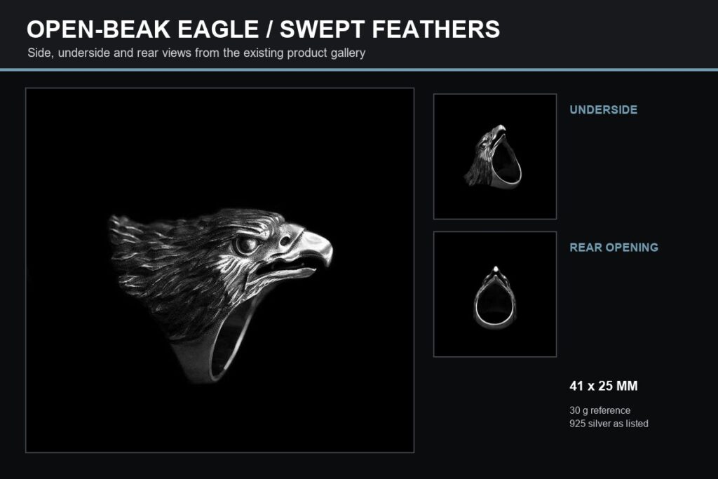 Open-beak eagle head ring shown from the side, underside and rear