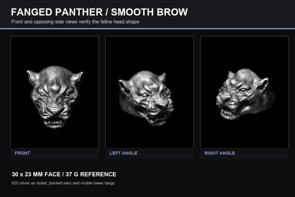 Fanged panther head ring shown from the front and both side angles