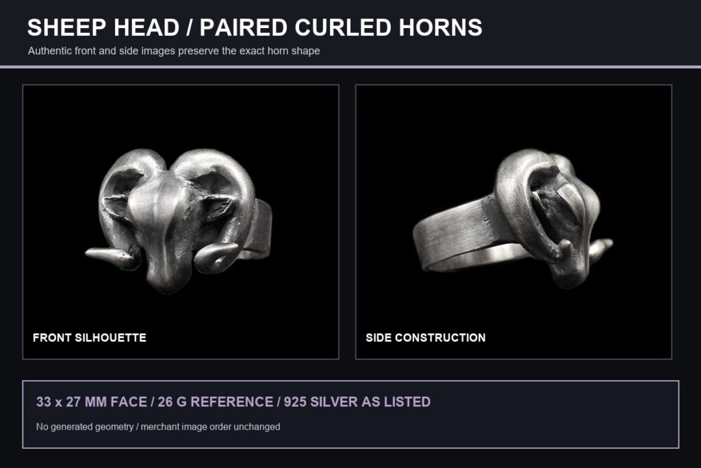 Sheep head ring shown from the front and side with paired curled horns